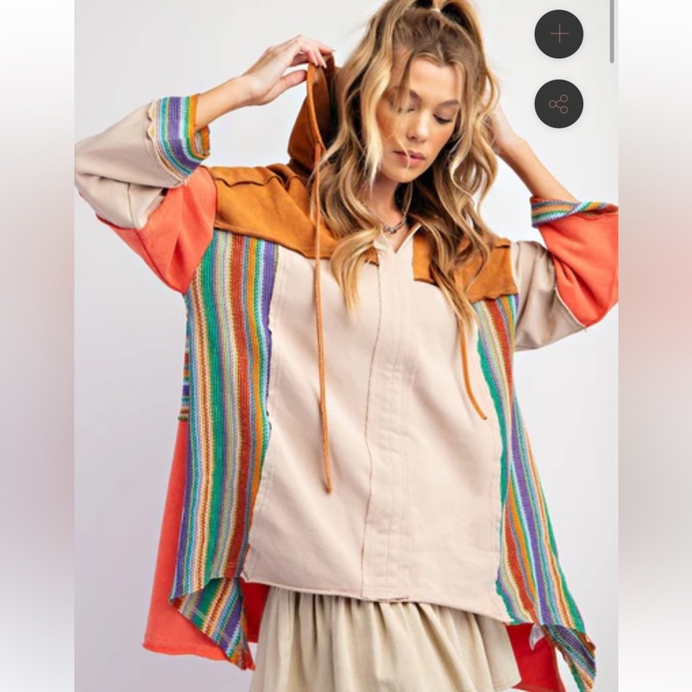 easel Multicolor Striped Hooded Sweatshirt with Tan and Orange Panels - Picture 2 of 7